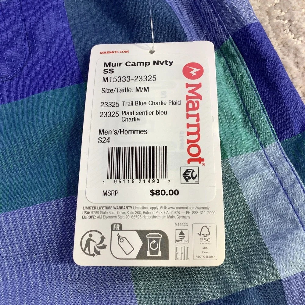 Marmot Muir Camp Novelty SS Shirt M Trail‎ Blue Charlie Plaid Short Sleeve NWT